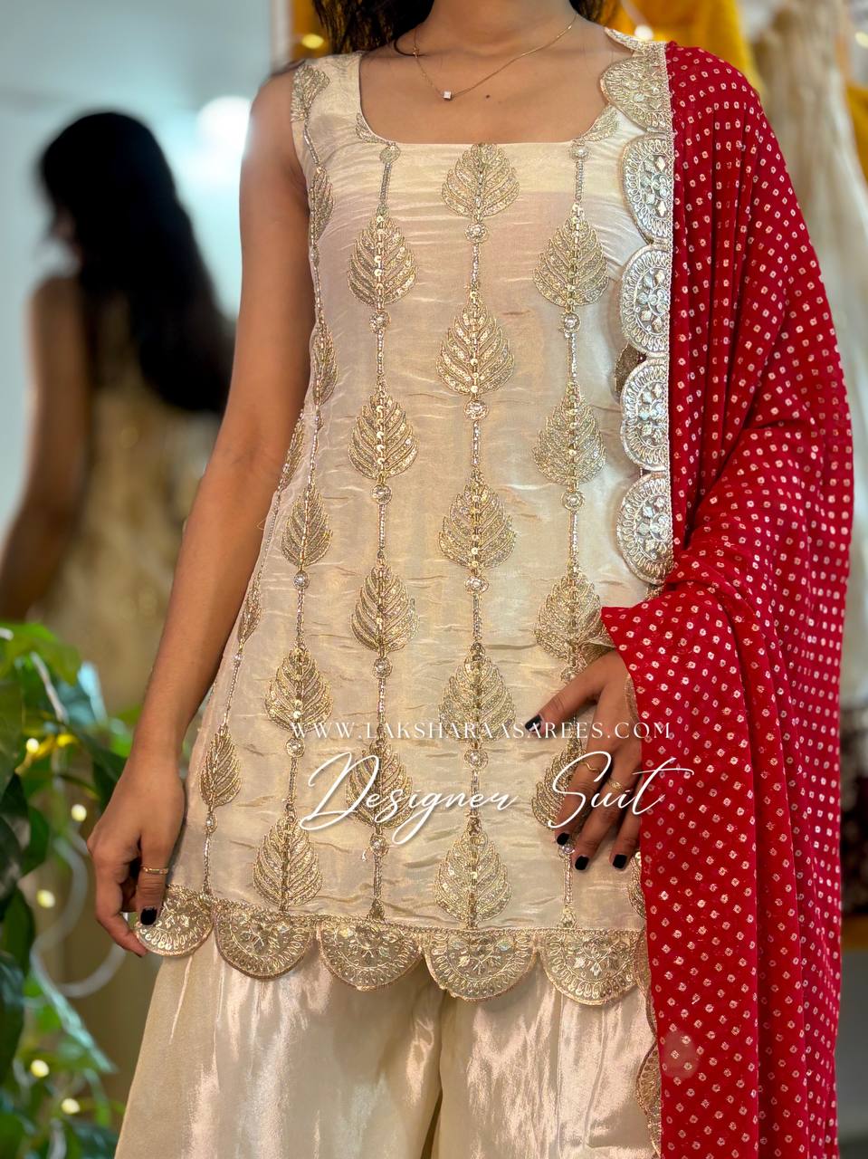 Laksharaa Sarees RESMA - Chinnon Designer Suit Off-White with Red Dupatta Close-up