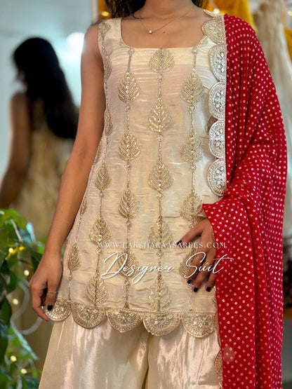 Laksharaa Sarees RESMA - Chinnon Designer Suit Off-White with Red Dupatta Close-up