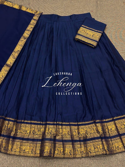 Laksharaa Sarees VAISHALI - Kanchi Cotton Half Sarees Lehenga Navy Blue with gold and black elephant border