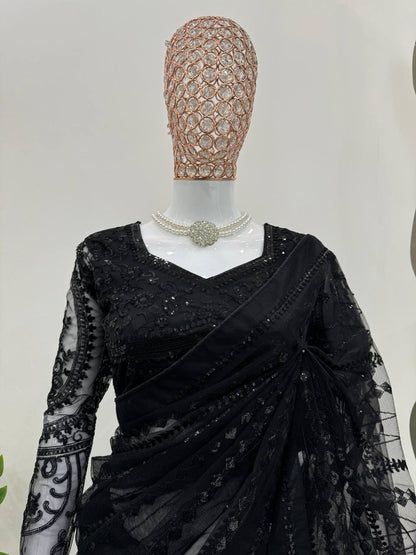 VALENTINA - Black Designer Georgette Net Partywear Saree