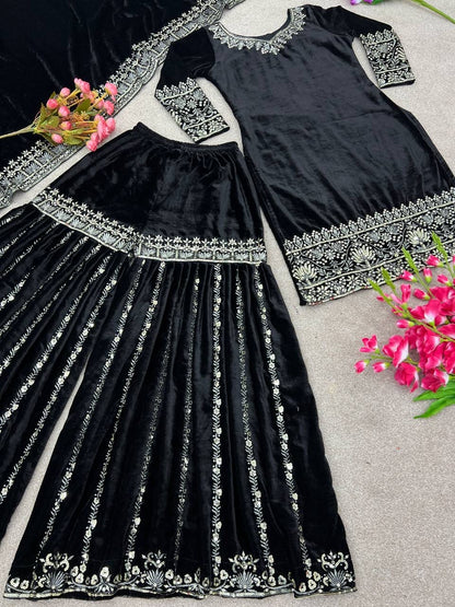 Nureen Black Velvet Sharara Suit