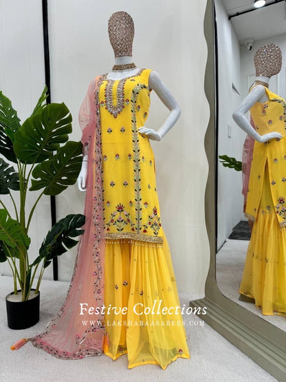 Yellow x Pink Designer Sharara Suit