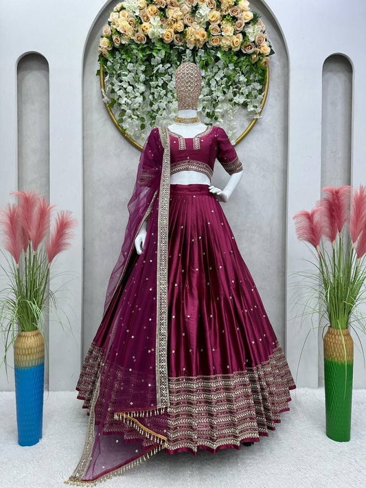 PREYA - Stunning Wine Purple Satin Georgette Lehenga