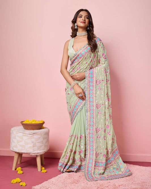 Partywear Readymade Georgette Saree X Floral Embroidery