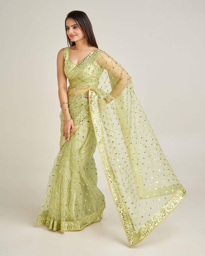 Green x Gold Partywear Net Sequinned Saree