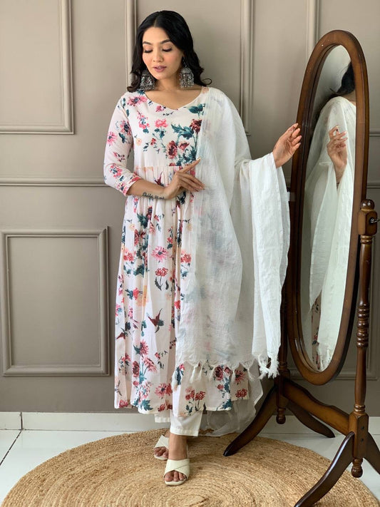 White Floral Kurti Set