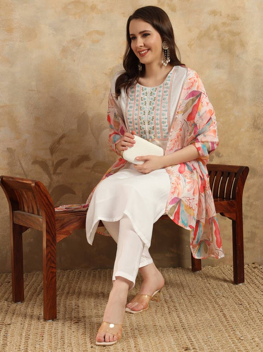 White Kurti Set x Grand Neckline