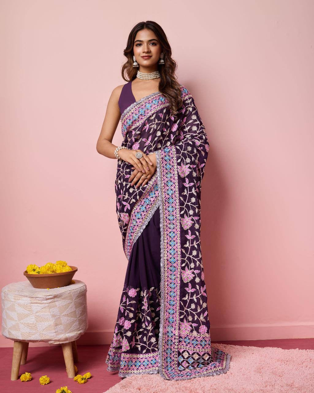 Partywear Readymade Georgette Saree X Floral Embroidery