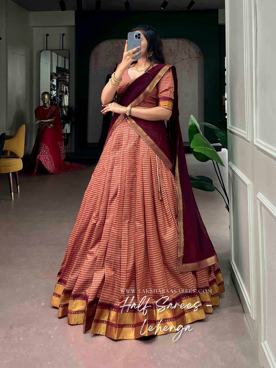 Laksharaa Sarees VENBA South Special Kanchi Cotton Half Saree Lehenga Burgundy and Cream Front View Posing