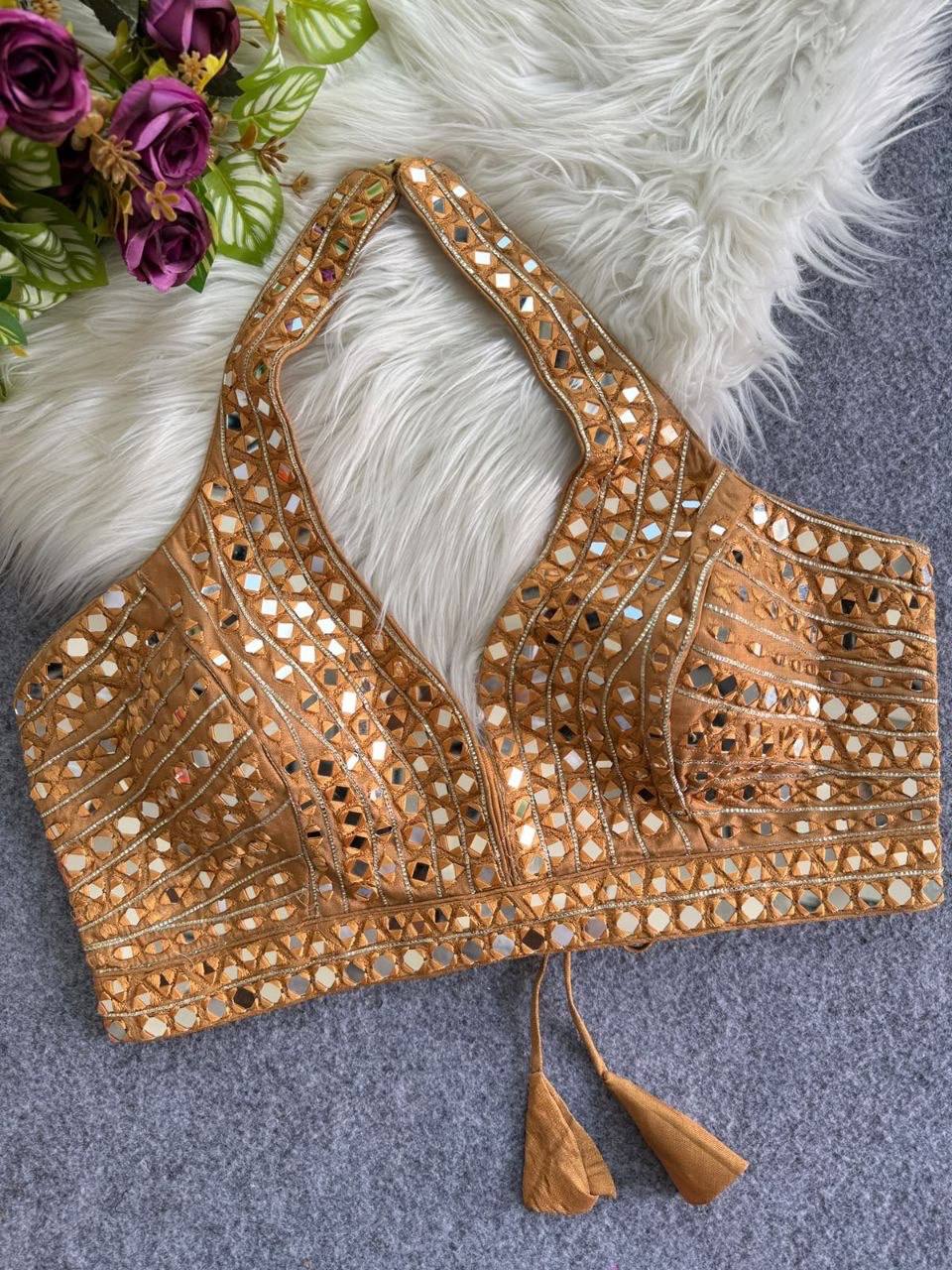 Laksharaa Sarees Readymade Halter top mirrors work blouse Golden Brown