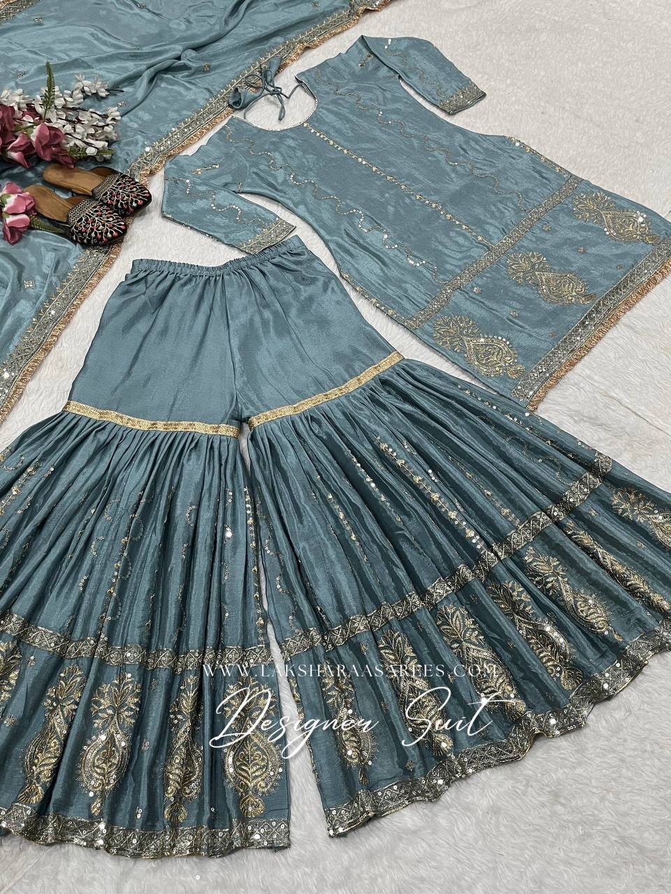 Laksharaa Sarees Abira Sharara Suit Dusty Blue Flat Lay Full Suit