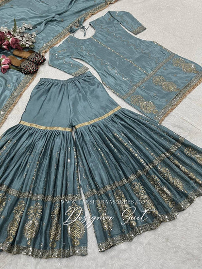 Laksharaa Sarees Abira Sharara Suit Dusty Blue Flat Lay Full Suit
