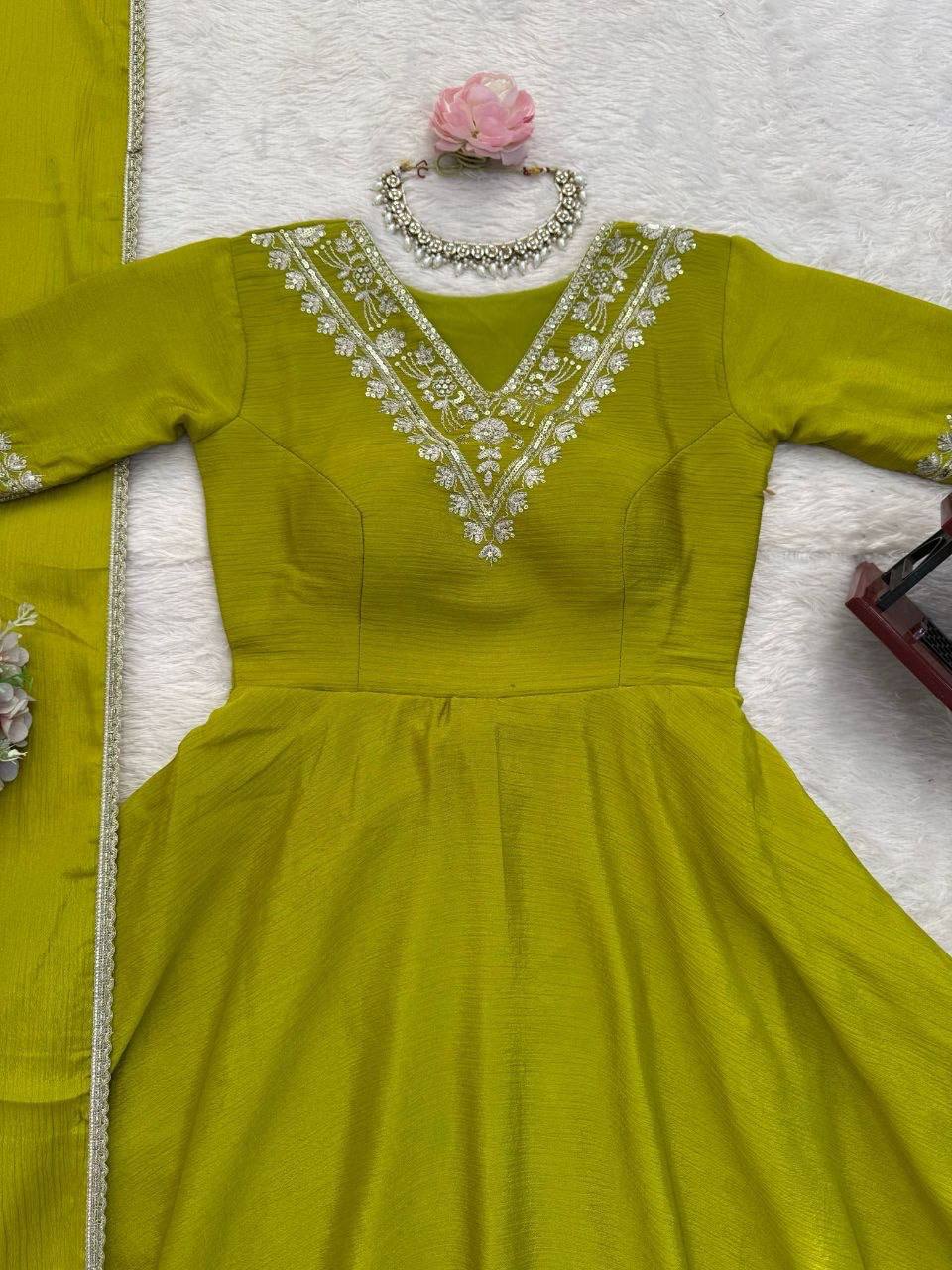 Laksharaa Sarees Chinnon Silk Peplum Suit Lime Green