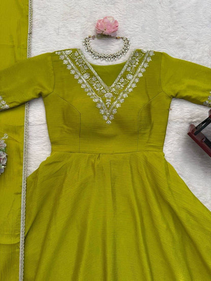 Laksharaa Sarees Chinnon Silk Peplum Suit Lime Green