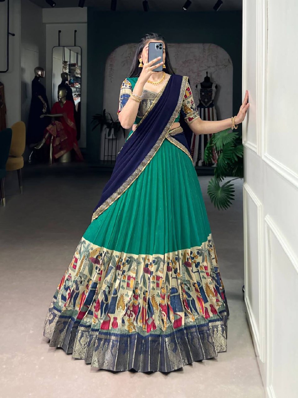 Laksharaa Sarees Kalamkari Chanderi Silk Half Saree Lehenga Green