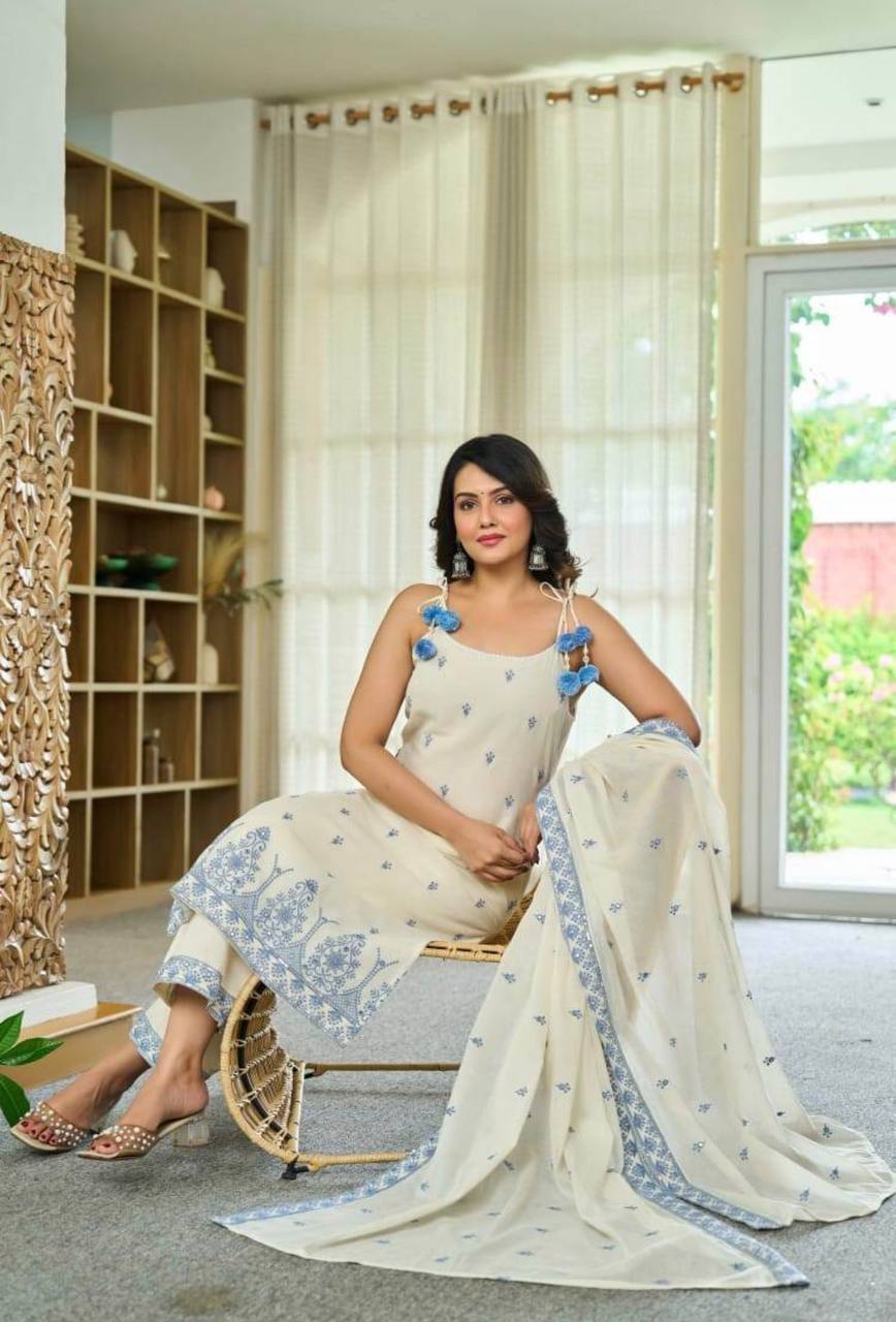Laksharaa Sarees Maska Cotton Silk Kurta Set Off-White with Blue Embroidery Model Sitting