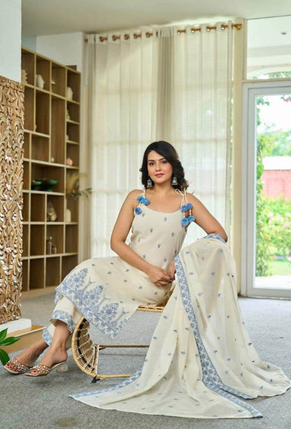 Laksharaa Sarees Maska Cotton Silk Kurta Set Off-White with Blue Embroidery Model Sitting