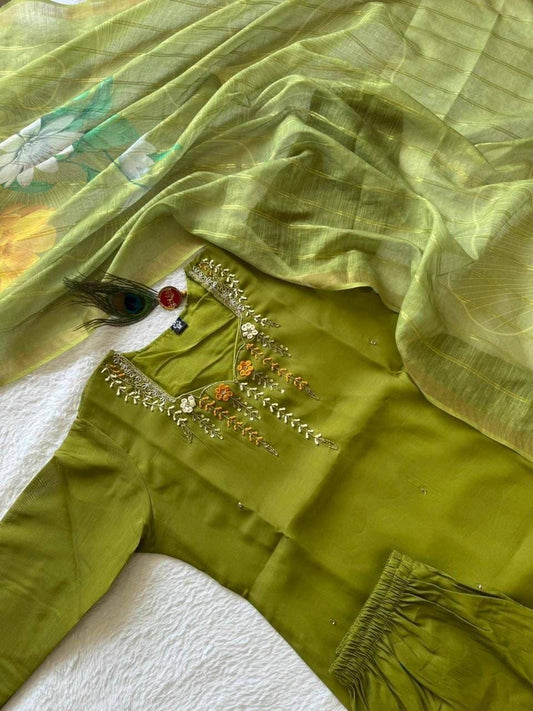 Laksharaa Sarees Green Mul Chanderi Kurti Suit Parrot Green