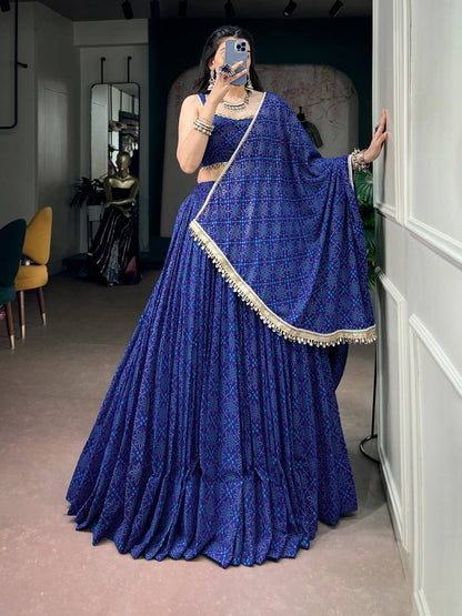 Laksharaa Sarees Bandhani Print Lehenga Royal Blue Full Length Leaning Pose