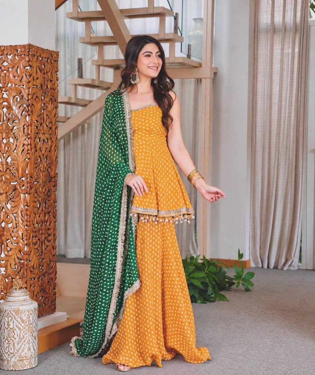 Laksharaa Sarees HANI bandhani print Sharara suit Yellow Model Wearing Front