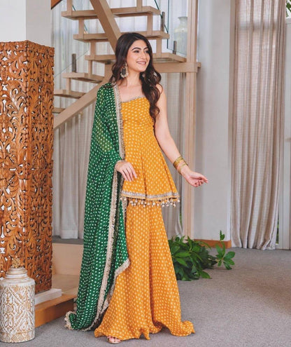 Laksharaa Sarees HANI bandhani print Sharara suit Yellow Model Wearing Front