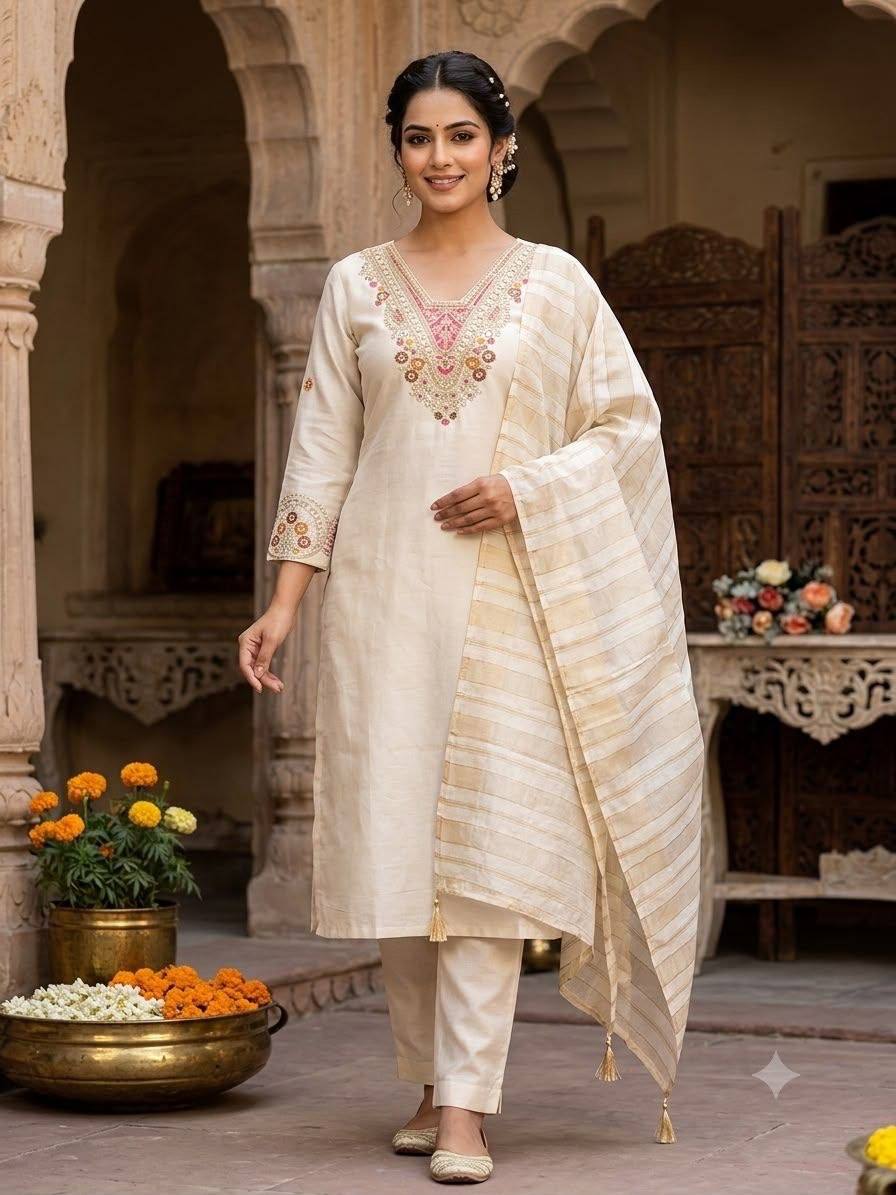 Laksharaa Sarees Embroidered Kurta Set Off-White