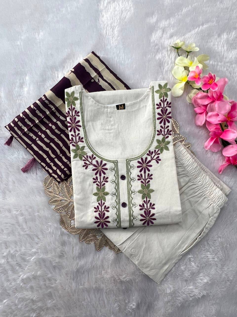 Laksharaa Sarees Kadhi Kurti Set Off-White Folded with Flowers