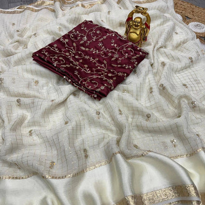 Laksharaa Sarees Ivory Cream x Maroon Viscose Saree Ivory