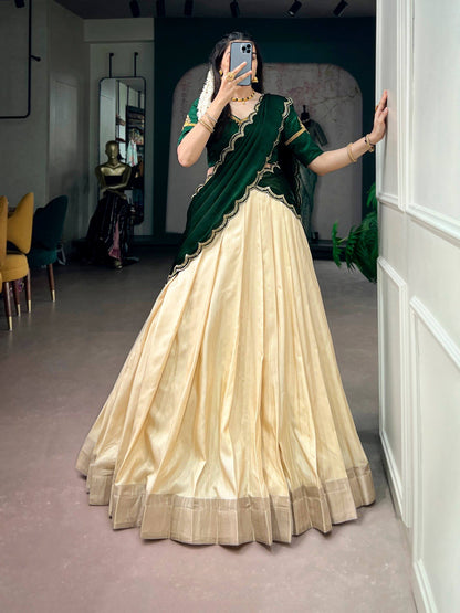 Laksharaa Sarees SAINDAVI Lehenga Set Champagne and Forest Green Front View Leaning