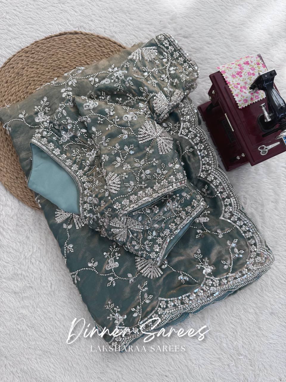 Laksharaa Sarees MERLIN Grey Shimmer Partywear Saree with sequin work and unstitched blouse, flat lay