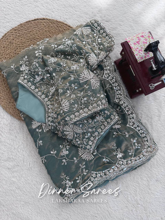 Laksharaa Sarees MERLIN Grey Shimmer Partywear Saree with sequin work and unstitched blouse, flat lay