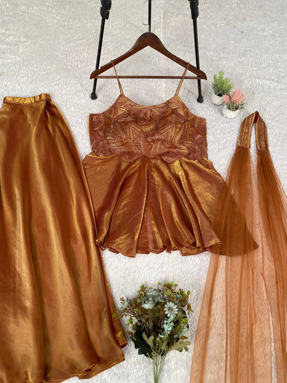 Laksharaa Sarees GULABI - Peachy Gold Designer Suit Peachy Gold flat lay full outfit with flowers