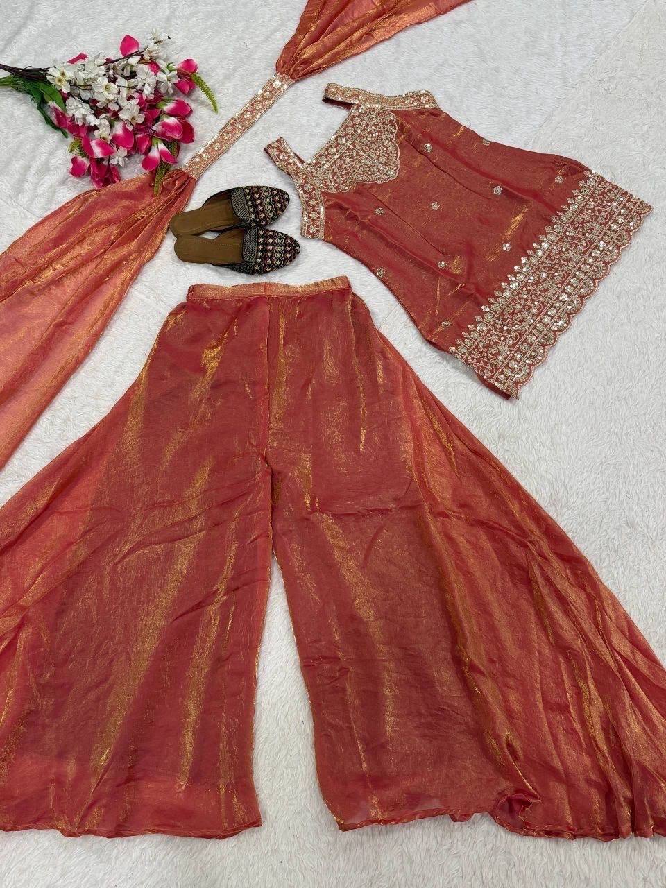AVIRA Shimmer Silk Suit Coral Flat Lay Full Set