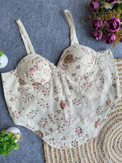 Laksharaa Sarees Khadi Cotton Corset Blouse Off-White with Pink Floral Vine Embroidery
