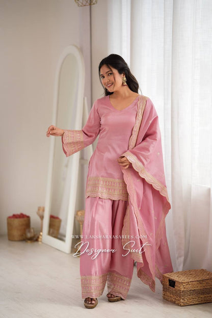 Laksharaa Sarees PAIGE Farshi suit Buttery Pink worn by model, front view with hand gesture