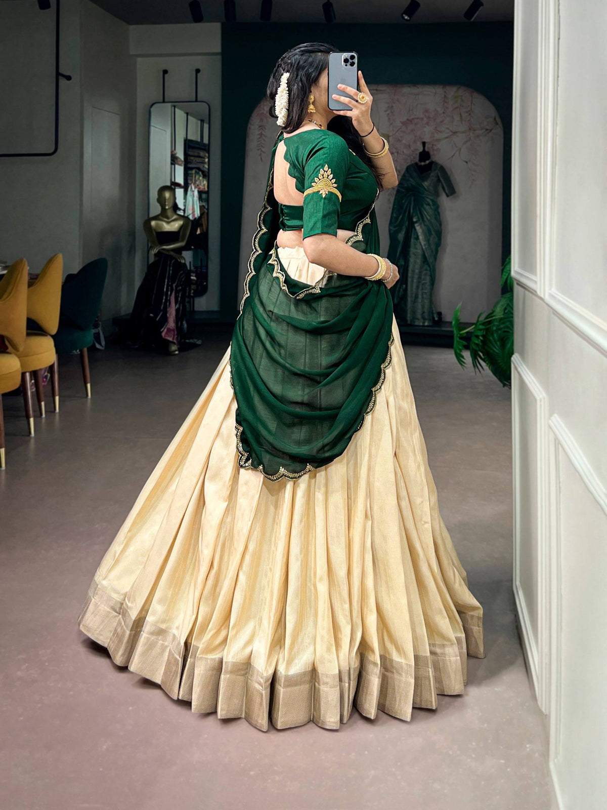 Laksharaa Sarees SAINDAVI Lehenga Set Champagne and Forest Green Back View