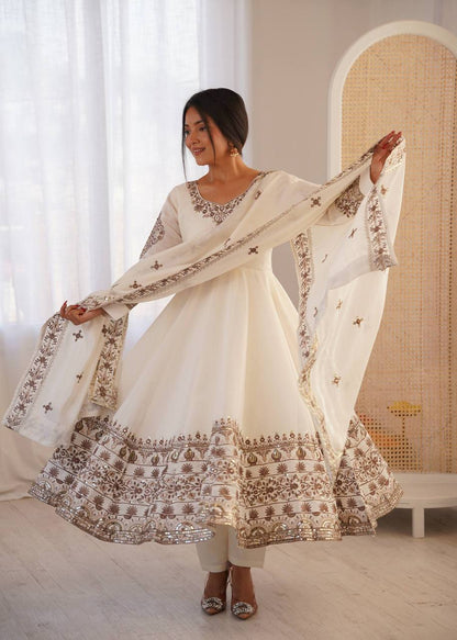 Laksharaa NAVIRA Roman Silk Anarkali Suit Off-White Twirling Pose