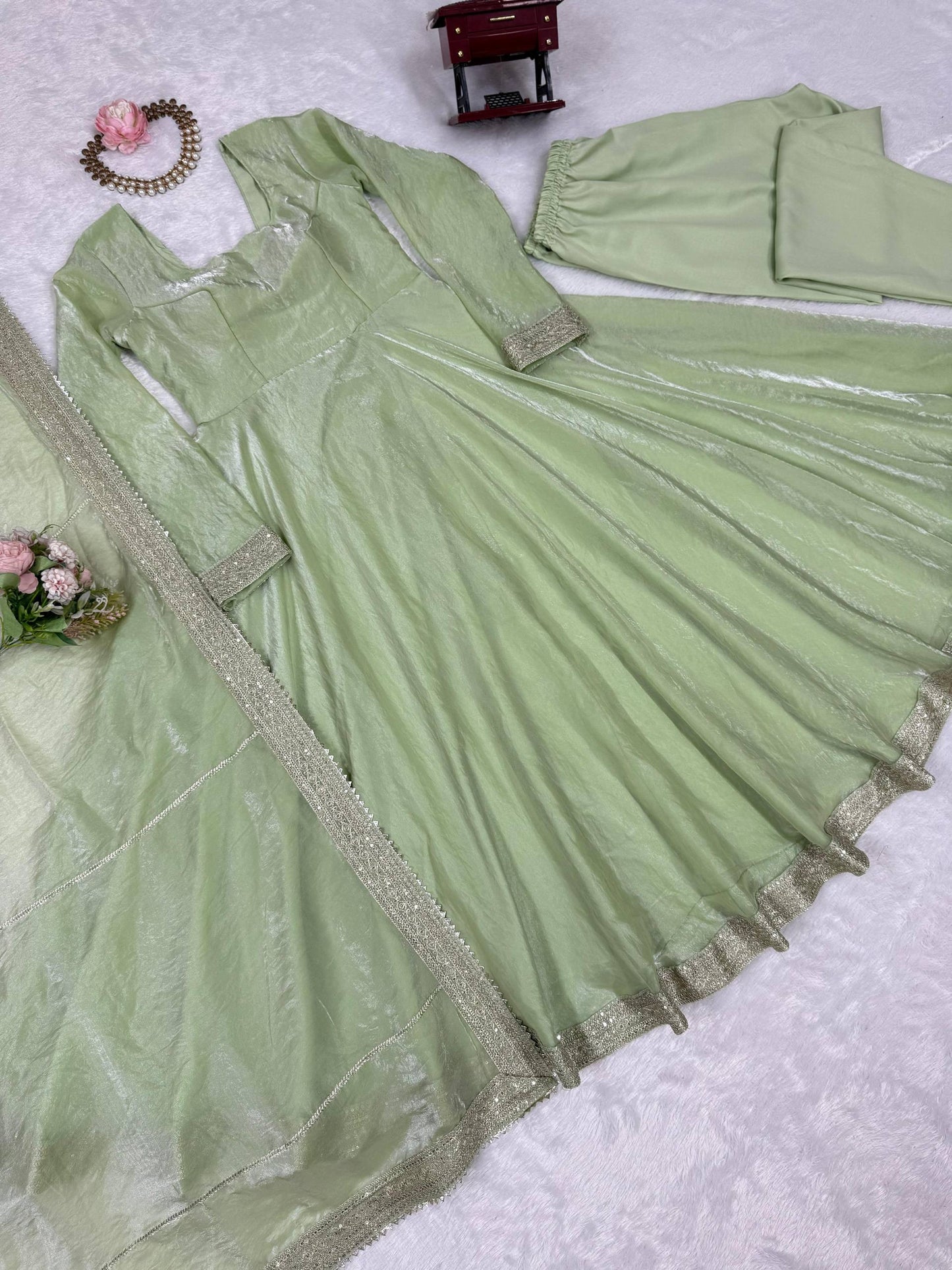 Pastel Shimmer Green Anarkali Suit