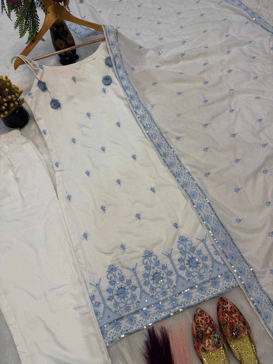Laksharaa Sarees Maska Cotton Silk Kurta Set Off-White with Blue Embroidery Flat Lay