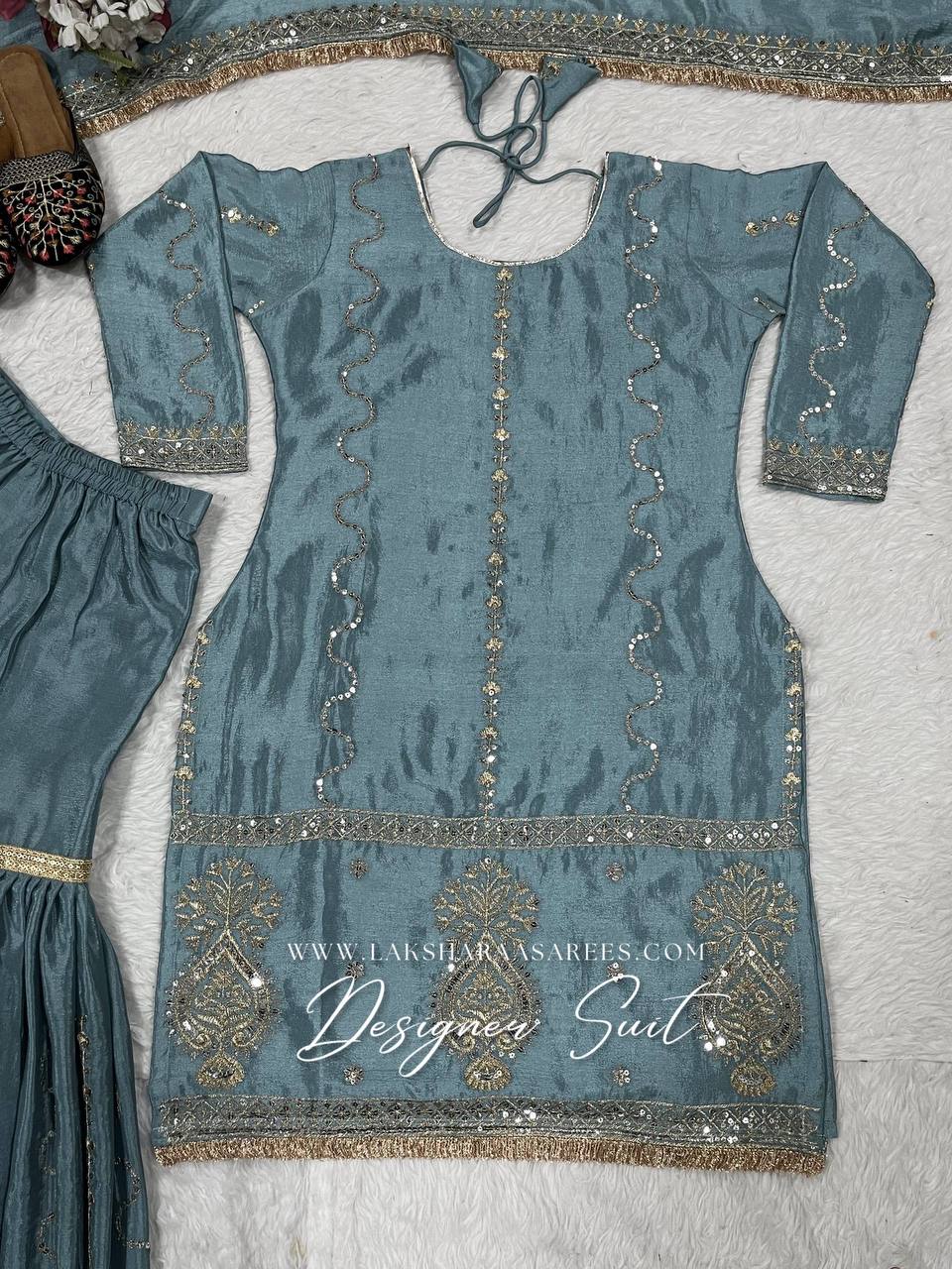 Laksharaa Sarees Abira Sharara Suit Dusty Blue Flat Lay Top Only