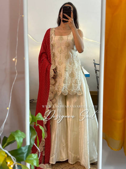Laksharaa Sarees RESMA - Chinnon Designer Suit Off-White with Red Dupatta Front View