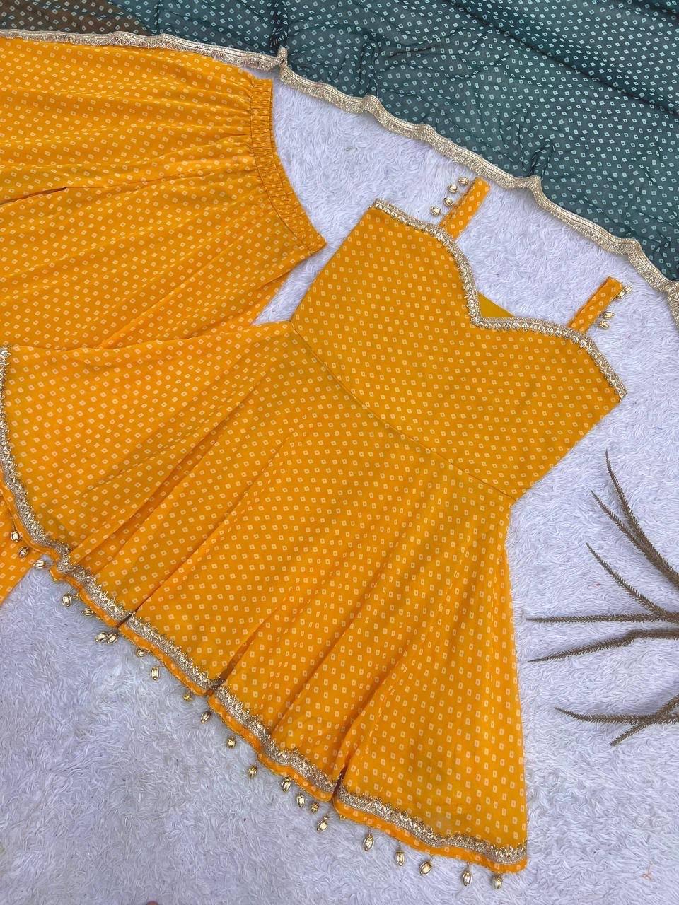 Laksharaa Sarees HANI bandhani print Sharara suit Yellow Flat Lay Angled