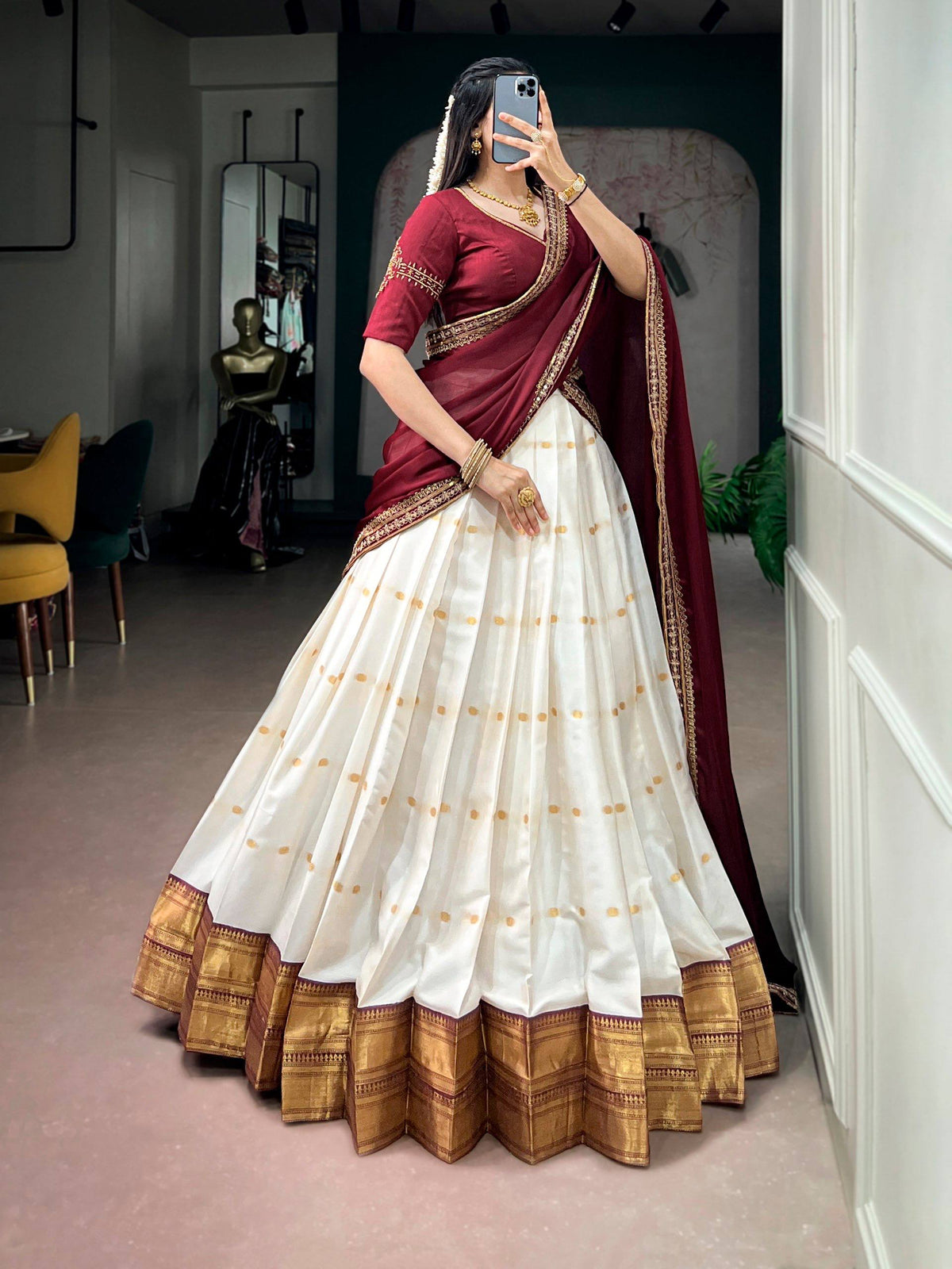 Laksharaa Sarees JALINI — Soft Cotton Maroon x White Half Saree Lehenga Full View
