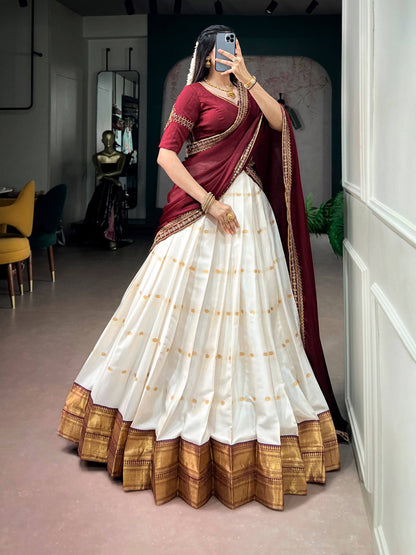 Laksharaa Sarees JALINI — Soft Cotton Maroon x White Half Saree Lehenga Full View