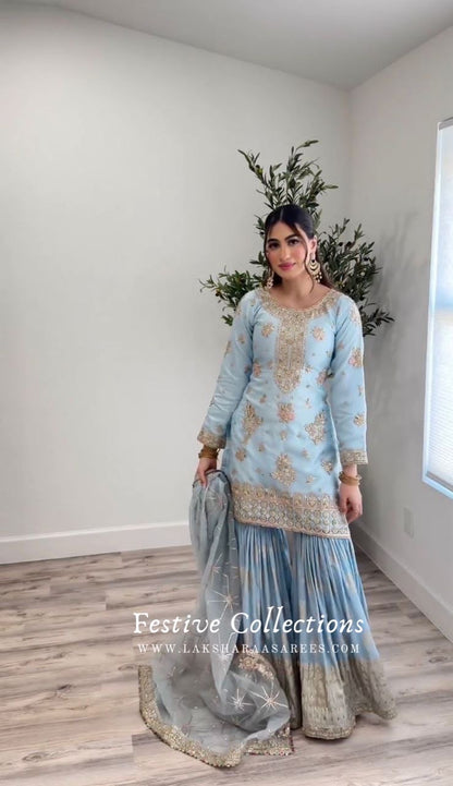 Blue Floral Sharara Suit