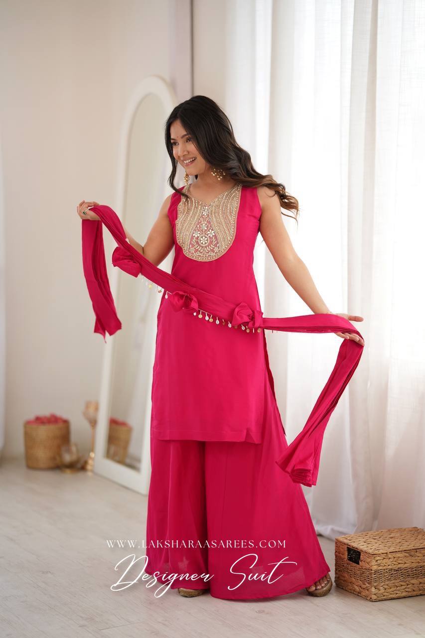 Laksharaa Sarees VARSHI Rani Pink Sharara Suit with Bow Shawl Front View Pose