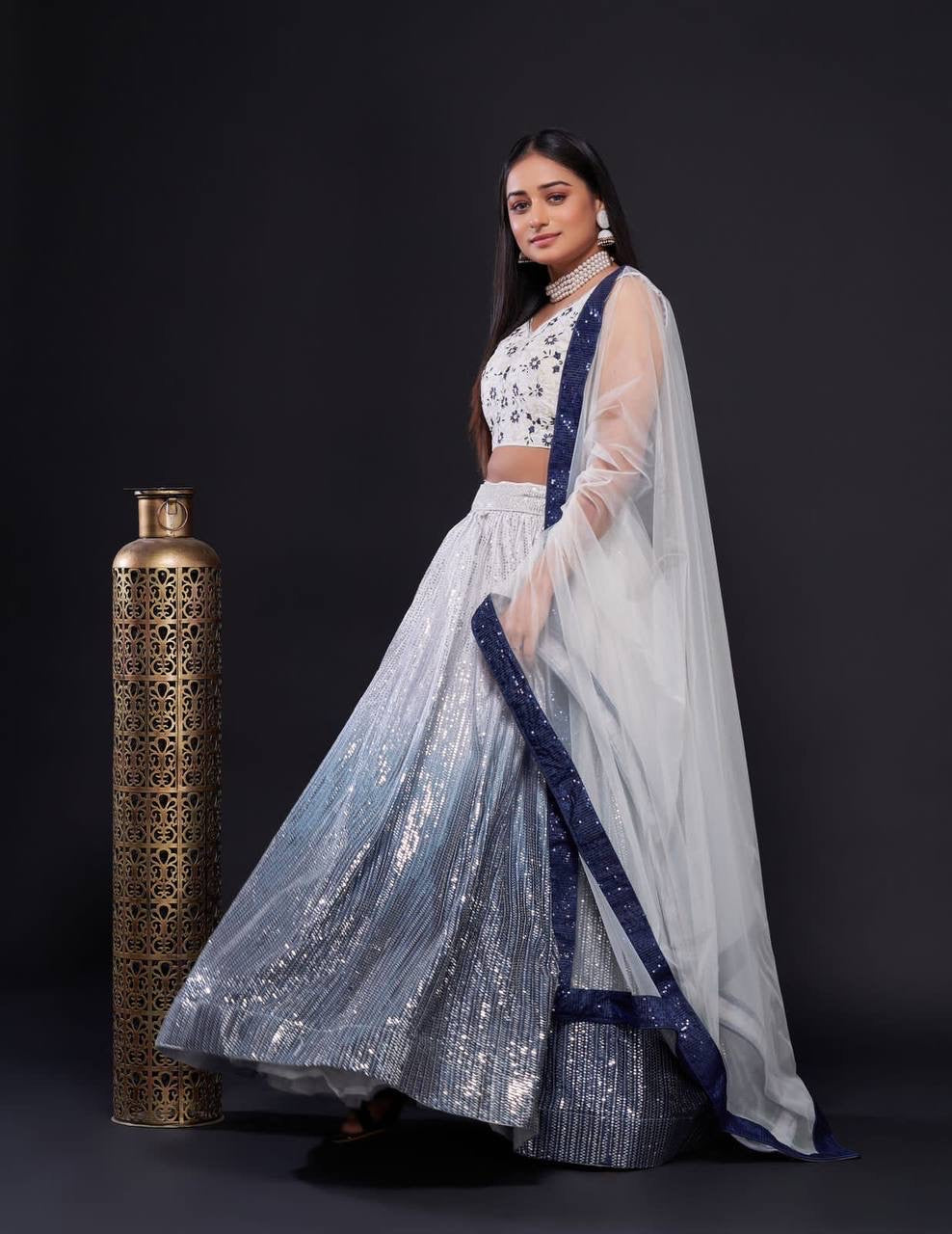 Florins White x Blue Ombré Floral Lehenga