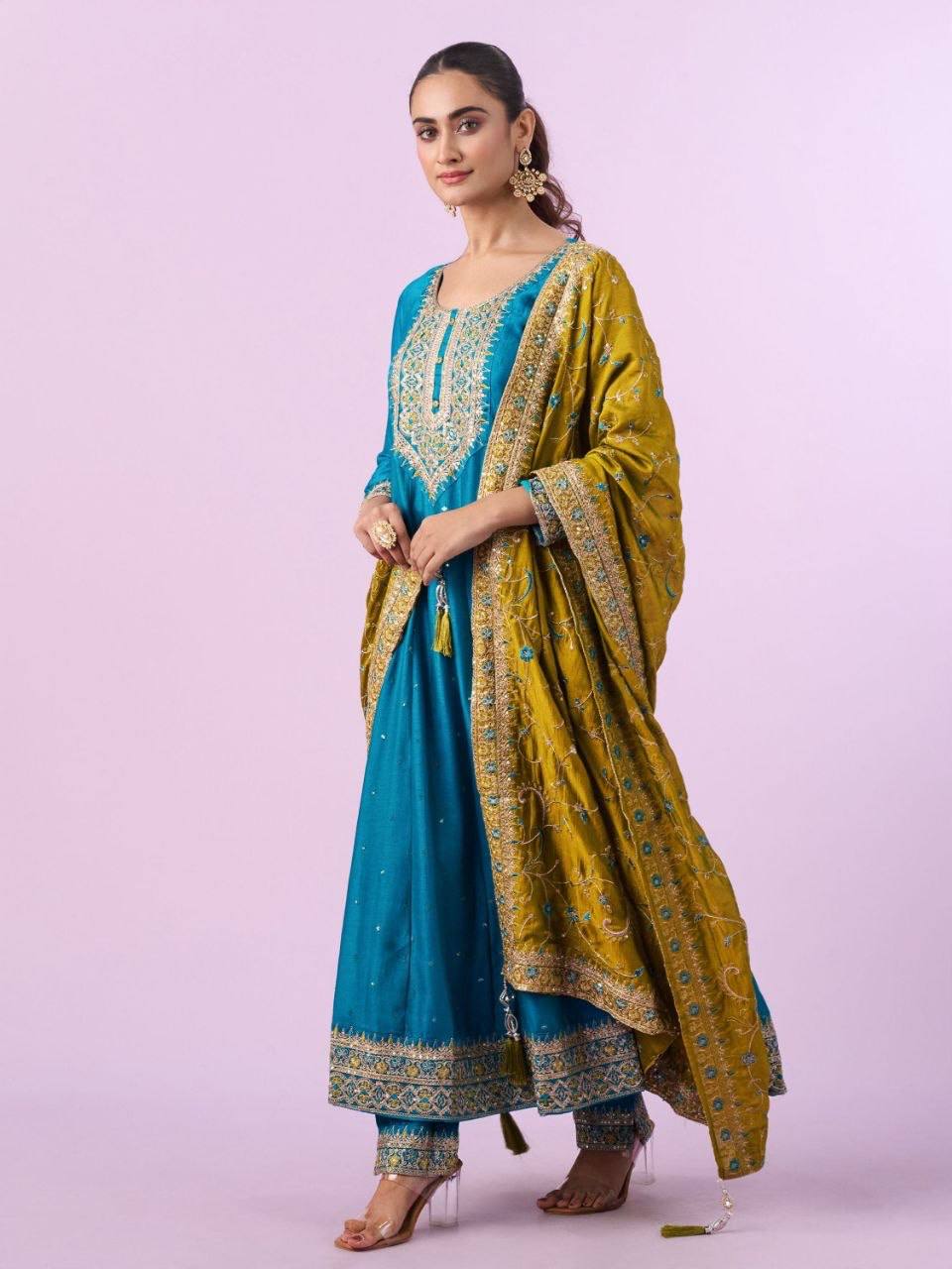Laksharaa Sarees Festive Vichithrah Silk Kurti Set Teal Worn by Model with Shawl Full View