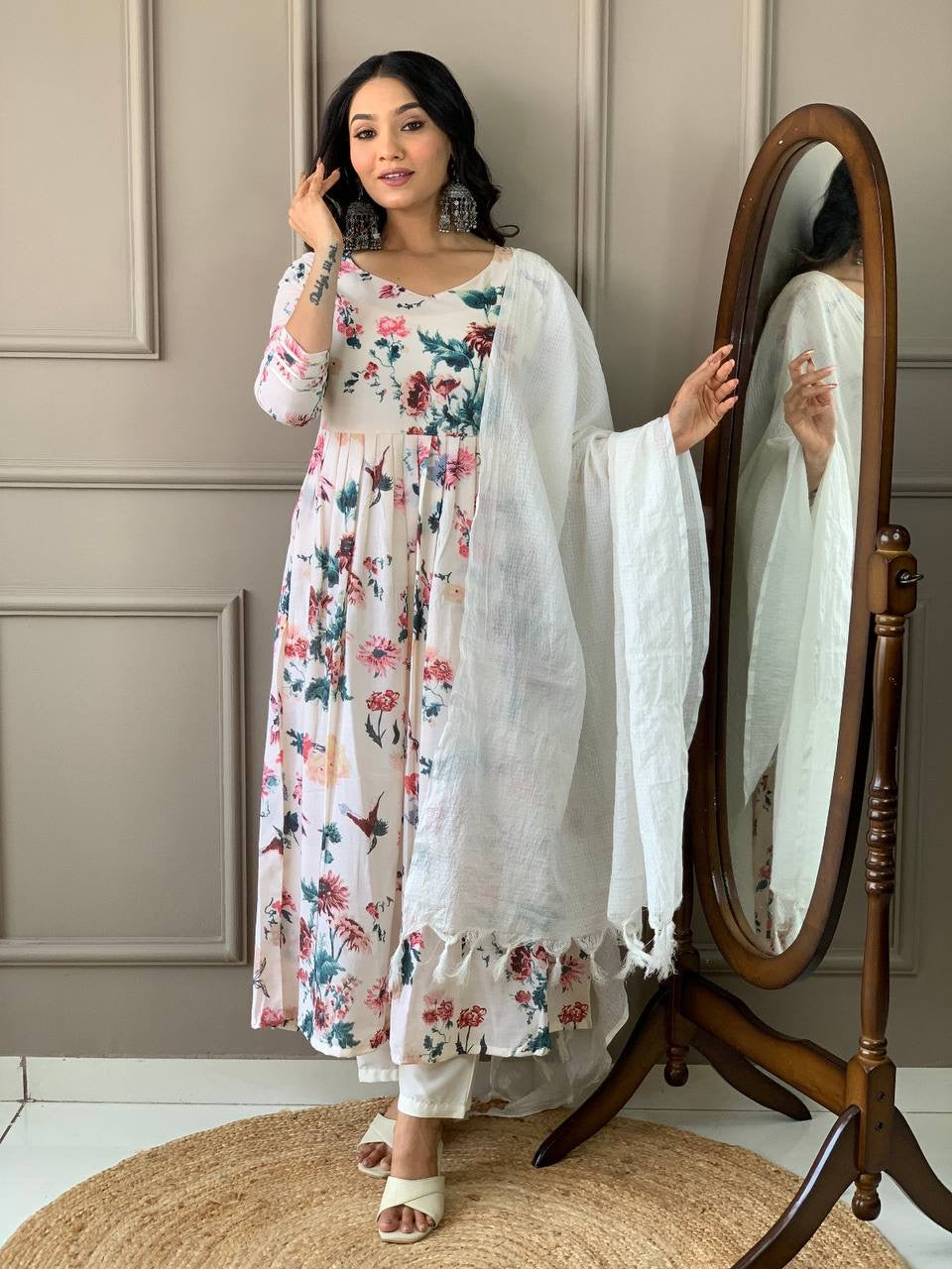 White Floral Kurti Set