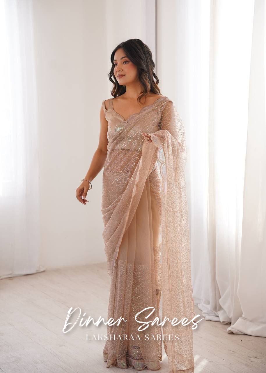 Laksharaa Sarees YASHVI - Partywear Net Georgette Saree Champagne on Model Posing